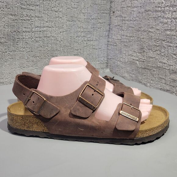 Birkenstock Milano Habana Men\'s 11 R Brown Oiled Leather Buckle Strap Sandals